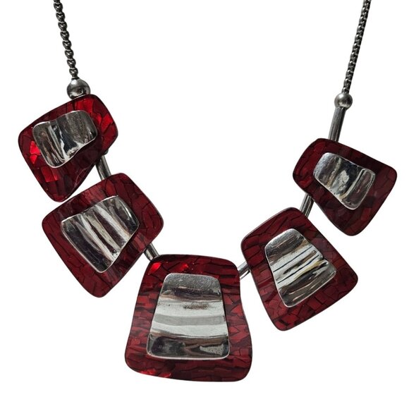 Art Deco Red Silver Chunky Geometric Pendant Necklace Statement Fashion Jewelry - Picture 1 of 5